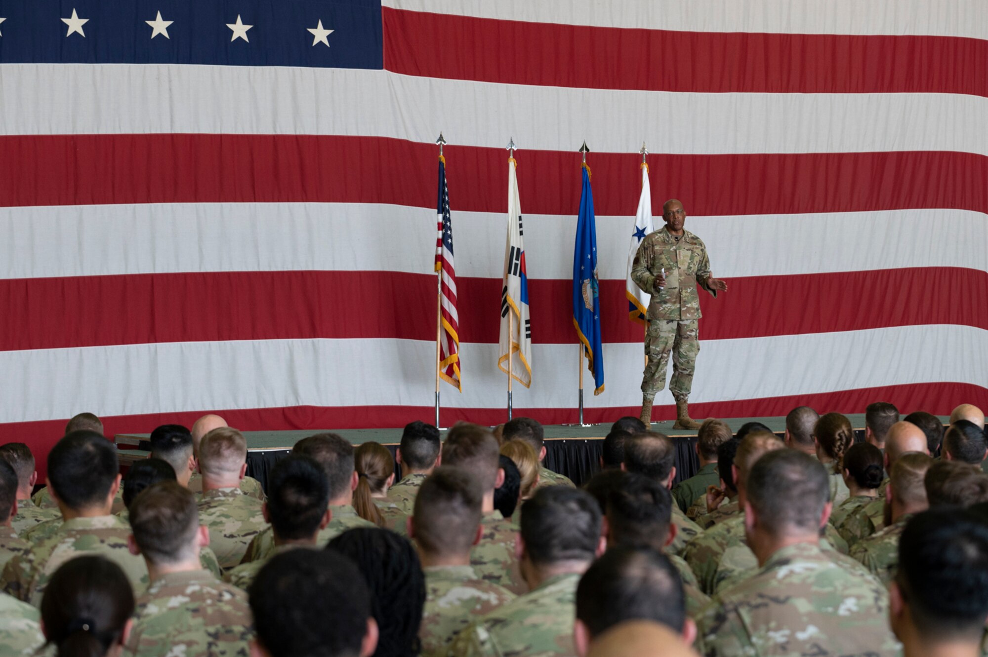 Air Force Chief of Staff Gen. CQ Brown, Jr., address airmen during an all-call at Osan Air Base, Republic of Korea, Aug. 12, 2022.