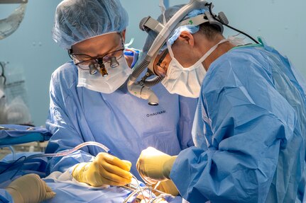 PUERTO PRINCESA, Philippines (Aug. 5, 2022) – Capt. Eamon O’Reilly, from Carlsbad, California, right, and Lt. Cmdr. Tanner Miller, from Tulsa, Oklahoma, perform a cleft palate repair surgery aboard Military Sealift Command hospital ship USNS Mercy (T-