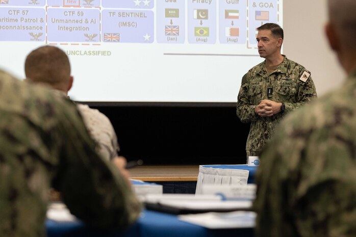 Vice Adm. Brad Cooper, commander of U.S. Naval Forces Central Command, U.S. 5th Fleet and Combined Maritime Forces, speaks during the Combined Force Maritime Component Commander (CFMCC) officer course in Manama, Bahrain, Aug. 14. The CFMCC course is a flag-level professional military education seminar designed to provide leadership tools to U.S. and partner-nation officers