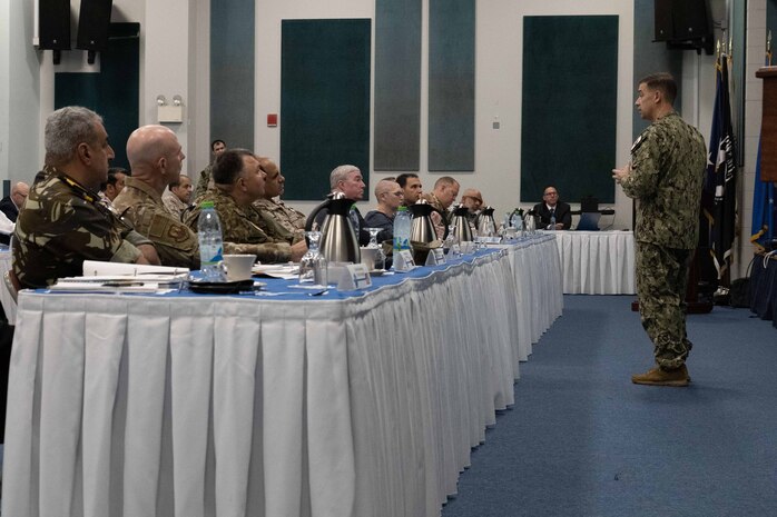 Vice Adm. Brad Cooper, commander of U.S. Naval Forces Central Command, U.S. 5th Fleet and Combined Maritime Forces, speaks during the Combined Force Maritime Component Commander (CFMCC) officer course in Manama, Bahrain, Aug. 14. The CFMCC course is a flag-level professional military education seminar designed to provide leadership tools to U.S. and partner-nation officers