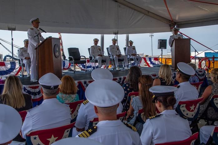 Vice Adm. Gene Black III, commander, U.S. Sixth Fleet, speaks during the Commander, Task Force (CTF) 65 change of command ceremony aboard USS Porter (DDG 78) as Capt. Ed Sundberg relieves Capt. Kyle Gantt as Commodore, CTF 65, Aug. 5, 2022.
