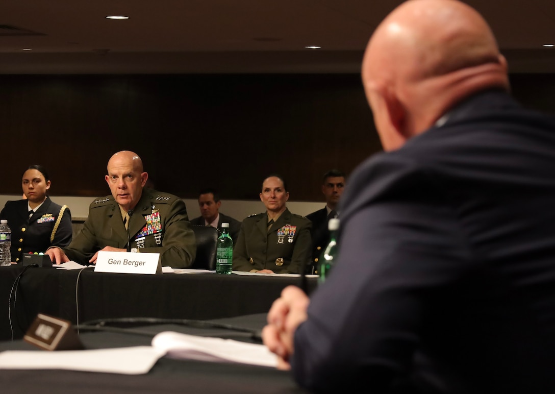 The 38th Commandant of the Marine Corps, Gen. David H. Berger, testifies in a Senate Armed Services Committee, Department of the Navy Posture Hearing in Washington, D.C., May 12, 2022. (U.S. Marine Corps photo by Sgt Kathryn Adams)