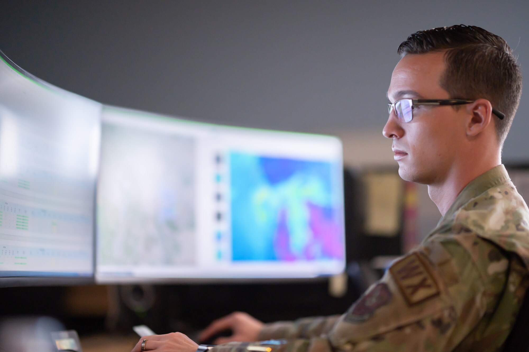 Airman 1st Class Michael Allison, 341st Operations Support Squadron weather forecaster, observes radar images and weather data Aug. 10, 2022, at Malmstrom Air Force Base, Mont.