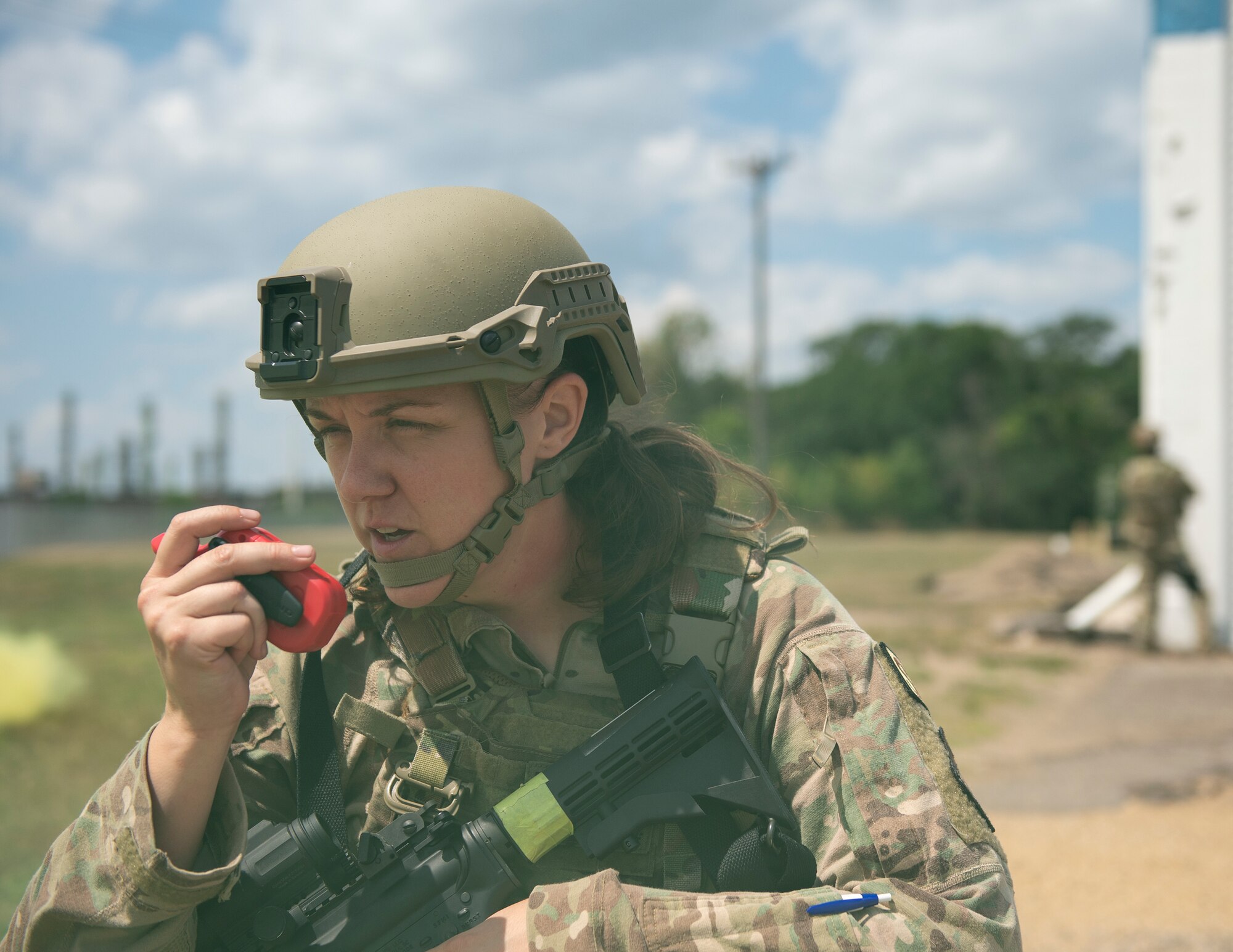 U.S. Air Force Tech. Sgt. Amber Ponder, 133rd Security Forces Squadron, Minnesota Air National Guard requests a 9-line MEDEVAC in Rosemount, Minn., July 27, 2022.