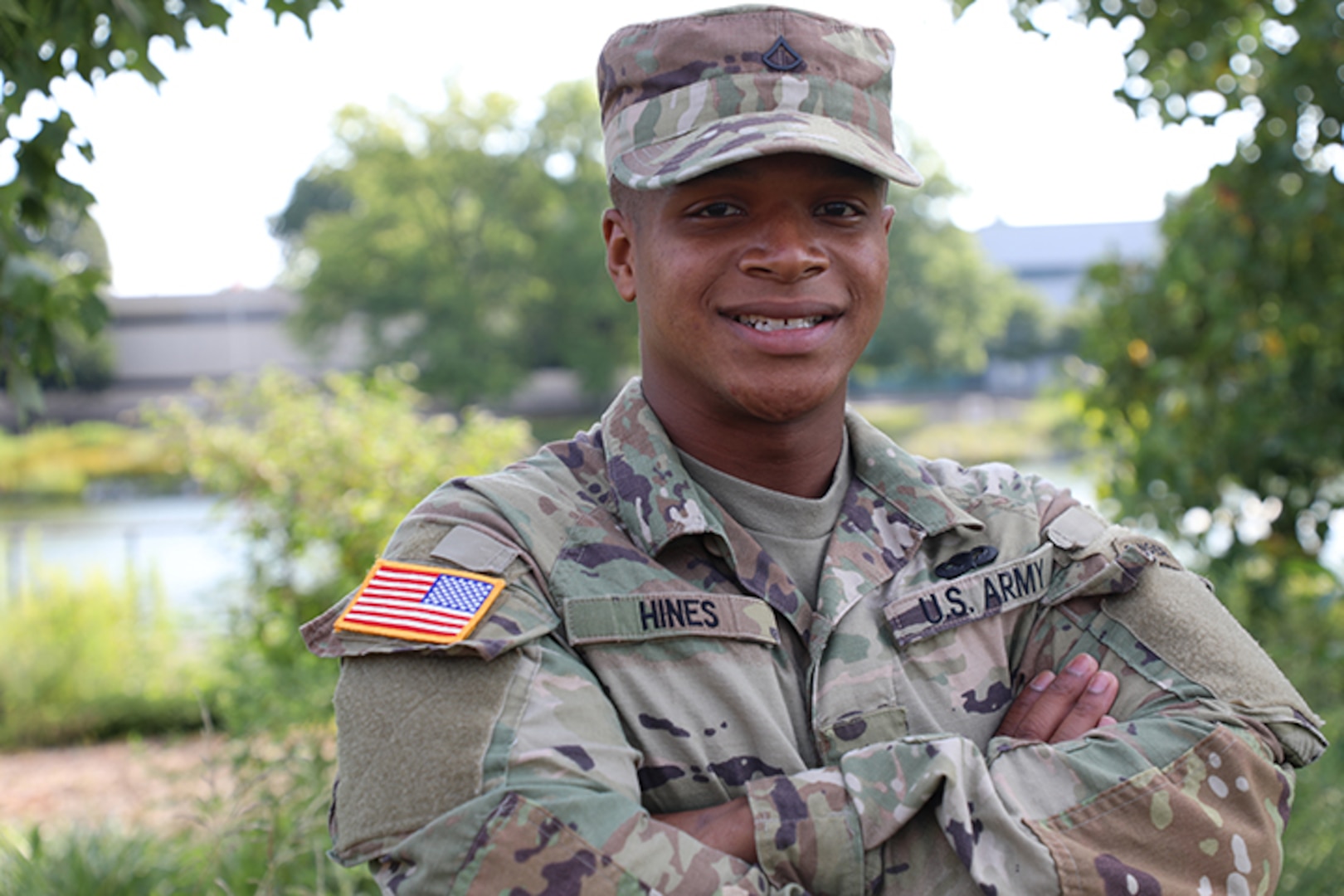 Pfc. Tristian Hines of Somerset, Ky., poses for a photo after his First formation, where he met his unit July, 21, 2022.