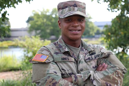 Pfc. Tristian Hines of Somerset, Ky., poses for a photo after his First formation, where he met his unit July, 21, 2022.