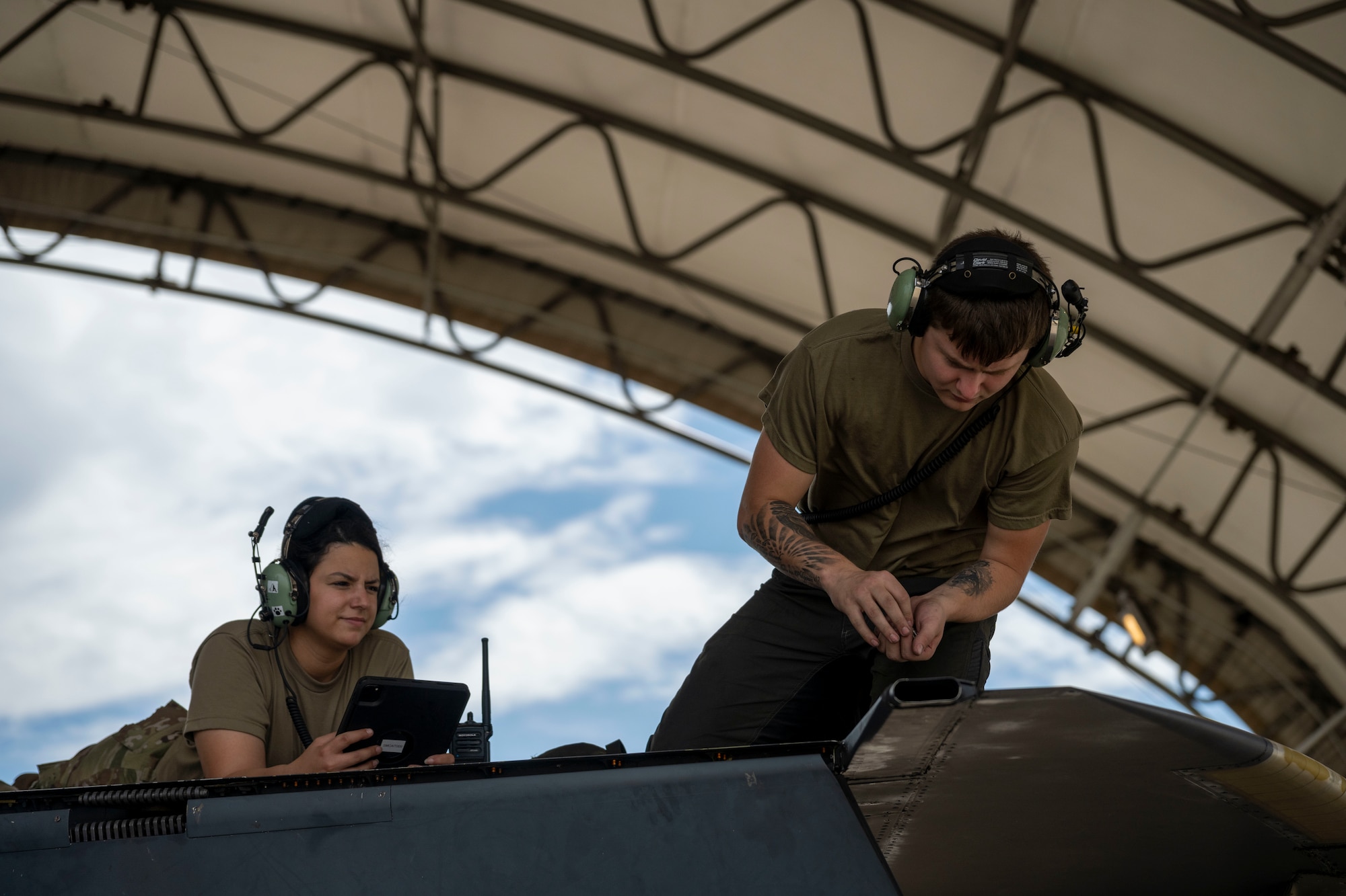 Airmen assigned to the 4th Component Maintenance Squadron aircraft fuel system maintenance flight conduct an isolation refueling at Seymour Johnson Air Force Base, North Carolina, Aug. 11, 2022. An isolation refueling is performed to test fuel system functionality and used to diagnose any errors. (U.S. Air Force photo by Senior Airman Kevin Holloway)