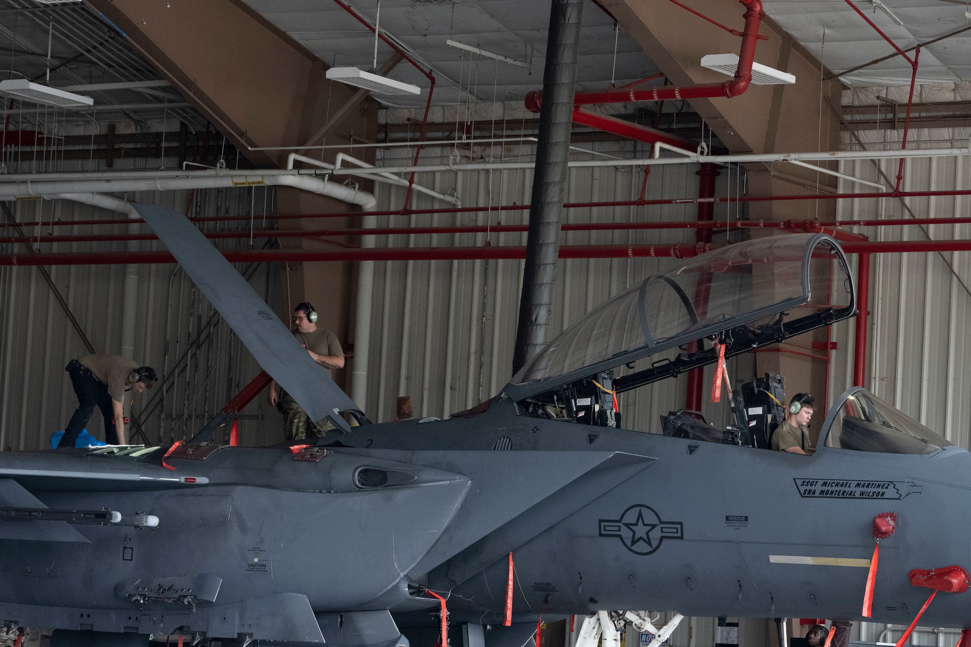 Airmen assigned to the 4th Component Maintenance Squadron aircraft fuel system maintenance flight conduct an isolation refueling at Seymour Johnson Air Force Base, North Carolina, Aug. 11, 2022. An isolation refueling is performed to test fuel system functionality and used to diagnose any errors. (U.S. Air Force photo by Senior Airman Kevin Holloway)