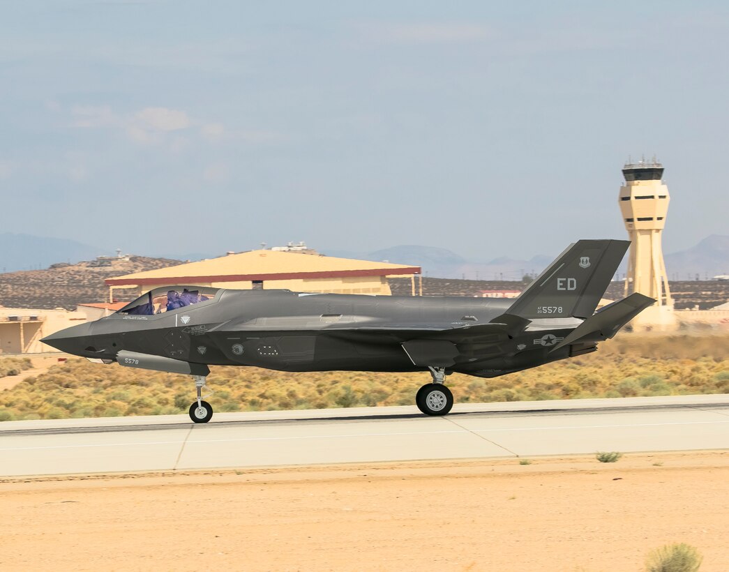 An F-35A Lightning II arrives at Edwards Air Force Base, California, Aug. 1. The aircraft, Air Force serial number 338, is the first of six F-35s the 461st Flight Test Squadron and F-35 Lightning II Integrated Test Force will receive in the next few years. The upgraded fleet will be used to test the Technical Refresh 3 and Block 4 configurations of the Air Force’s newest fighter that will create tactical and operational advantages over peer competitors. (Air Force photo by Chase Kohler)