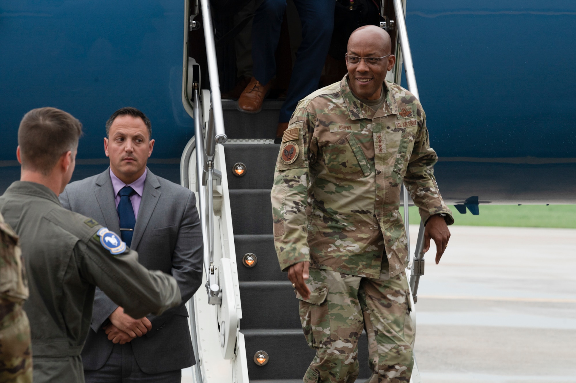 Air Force Chief of Staff Gen. CQ Brown, Jr. is greated by the 51st Fighter Wing Commander, Col. Joshua Wood, at Osan Air Base, Republic of Korea, Aug. 12, 2022.