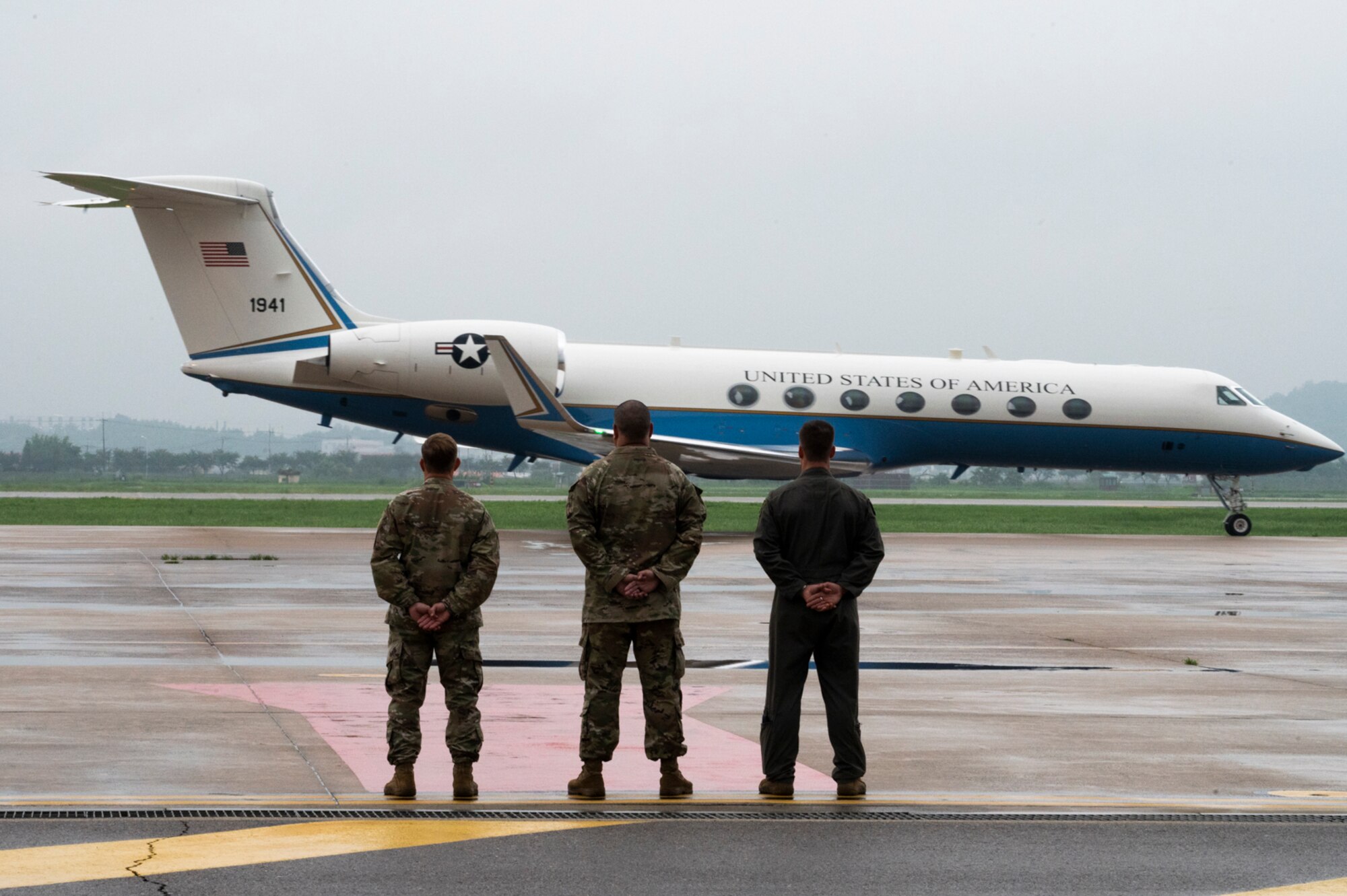 51st Fighter Wing Leadership await the arrival of Air Force Chief of Staff Gen. CQ Brown, Jr. at Osan Air Base, Republic of Korea, Aug. 12, 2022.