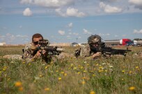 Two soldiers lie in a field and point their weapons.