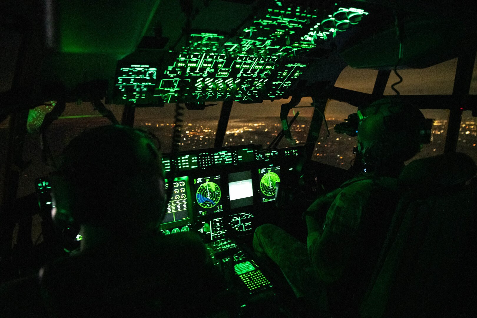 plane cockpit at night