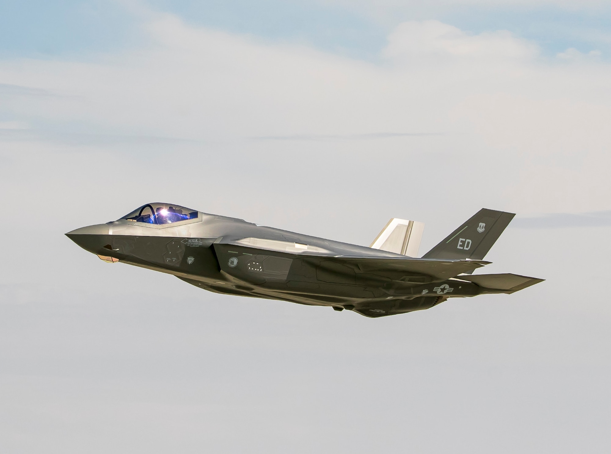 An F-35A Lightning II arrives at Edwards Air Force Base, California, Aug. 1. The aircraft, Air Force serial number 338, is the first of six F-35s the 461st Flight Test Squadron and F-35 Lightning II Integrated Test Force will receive in the next few years. The upgraded fleet will be used to test the Technical Refresh 3 and Block 4 configurations of the Air Force’s newest fighter that will create tactical and operational advantages over peer competitors. (Air Force photo by Chase Kohler)