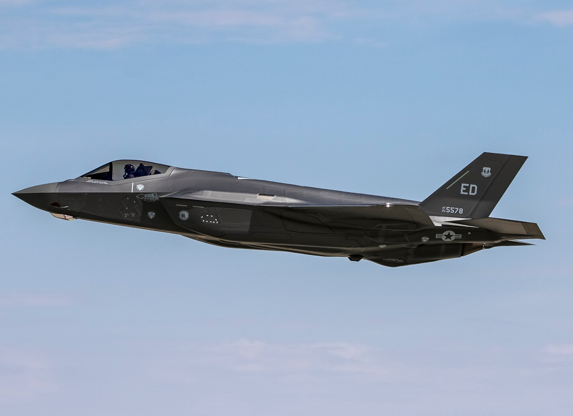 An F-35A Lightning II arrives at Edwards Air Force Base, California, Aug. 1. The aircraft, Air Force serial number 338, is the first of six F-35s the 461st Flight Test Squadron and F-35 Lightning II Integrated Test Force will receive in the next few years. The upgraded fleet will be used to test the Technical Refresh 3 and Block 4 configurations of the Air Force’s newest fighter that will create tactical and operational advantages over peer competitors. (Air Force photo by Chase Kohler)