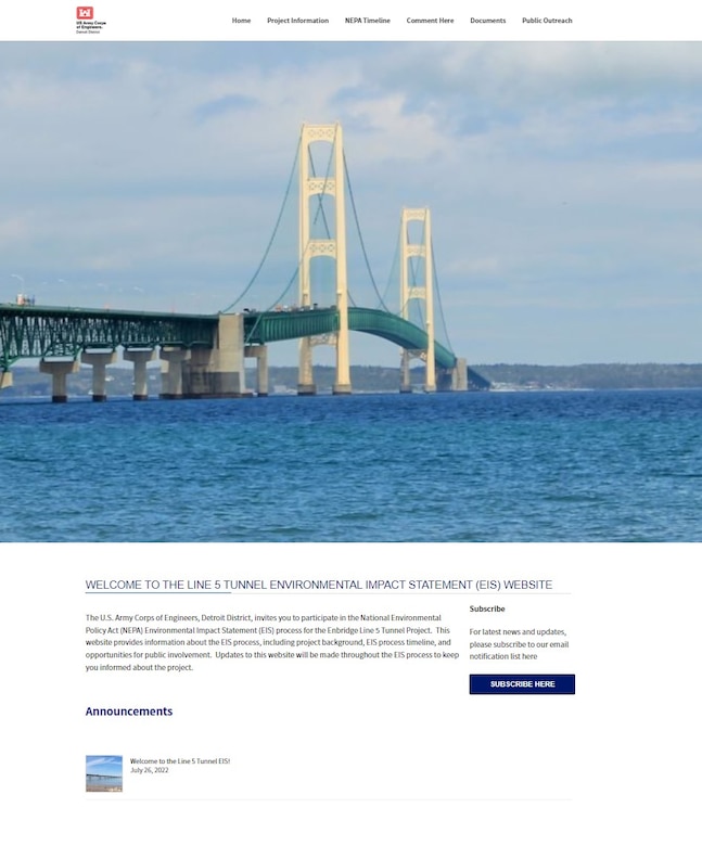 The U.S. Army Corps of Engineers is beginning the Enbridge Line 5 pipeline tunnel project Environmental Impact Statement (EIS) scoping process with the Notice of Intent (NOI) publishing in the Federal Register today.