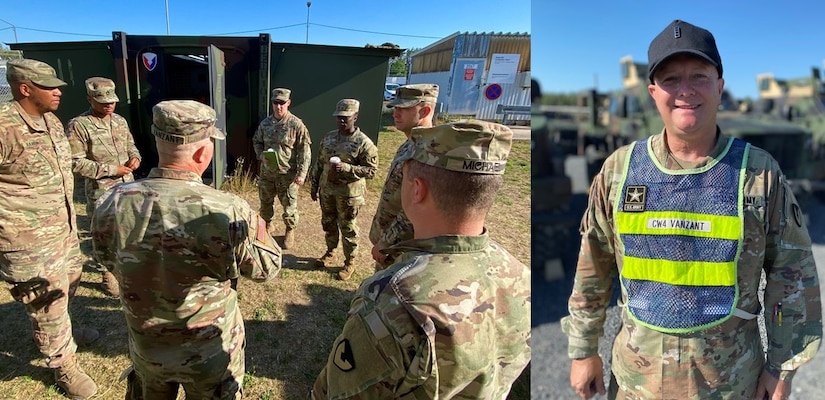 Chief Warrant Officer 4 Ted Vanzant is the senior maintenance technician at Army Field Support Battalion-Mannheim, 405th Army Field Support Brigade. Vanzant, who entered the Army in 1989, said family is most important to him – both his immediate family and his extended Army family. Pictured here, Vanzant briefs the 405th Army Field Support Brigade’s command team, Col. Crystal Hills and Command Sgt. Maj. Terrell Brisentine, at the Army Prepositioned Stocks-2 turn-in site in Grafenwoehr, Germany, Aug. 9.