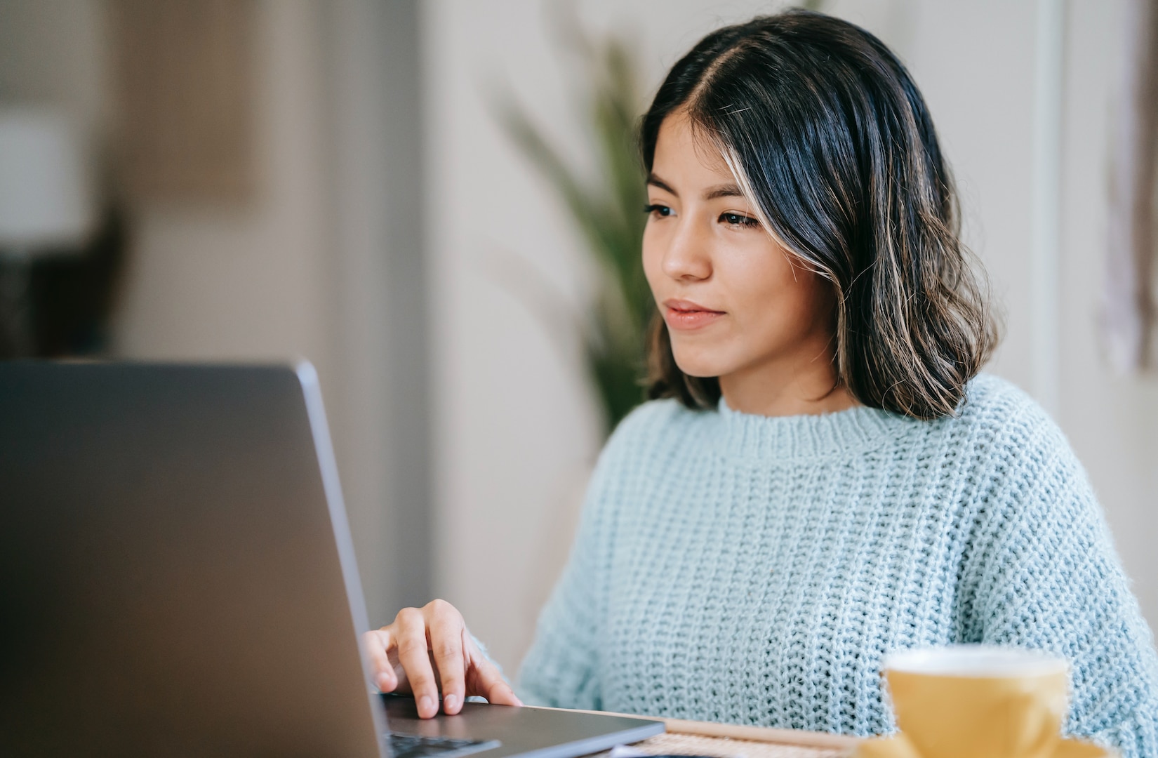 Woman works on her laptop