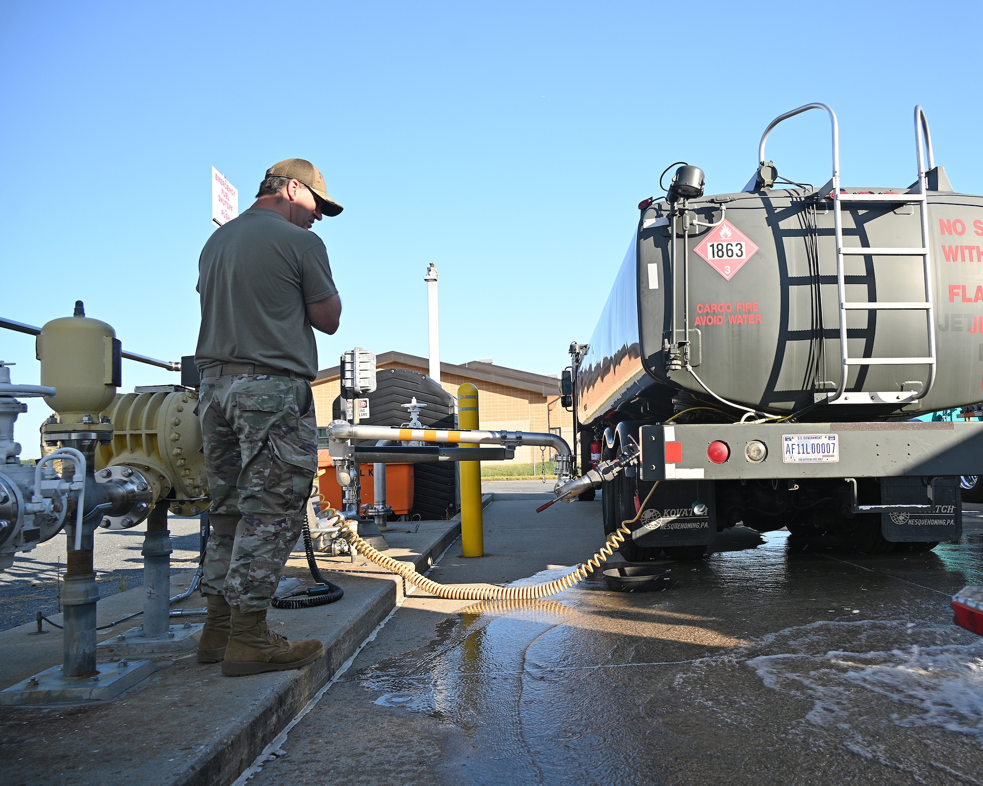 U.S. Air Force Staff Sgt. Jason Zabetakis, a fuels craftsman assigned to the 175th Mission Support Group, observes a simulated fuel spill during a Mission Assurance Exercise at Warfield Air National Guard Base at Martin State Airport, Middle River, Maryland, August 12, 2022.