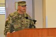 Col. Robert Jorgensen Jr., incoming commander of the 166th Regiment Regional Training Institute, speaks during a change-of-command ceremony on Aug. 12, 2022, at Fort Indiantown Gap, Pa. Jorgensen assumed command from Col. Patrick Monahan, who is retiring. (Pennsylvania National Guard photo by Brad Rhen)