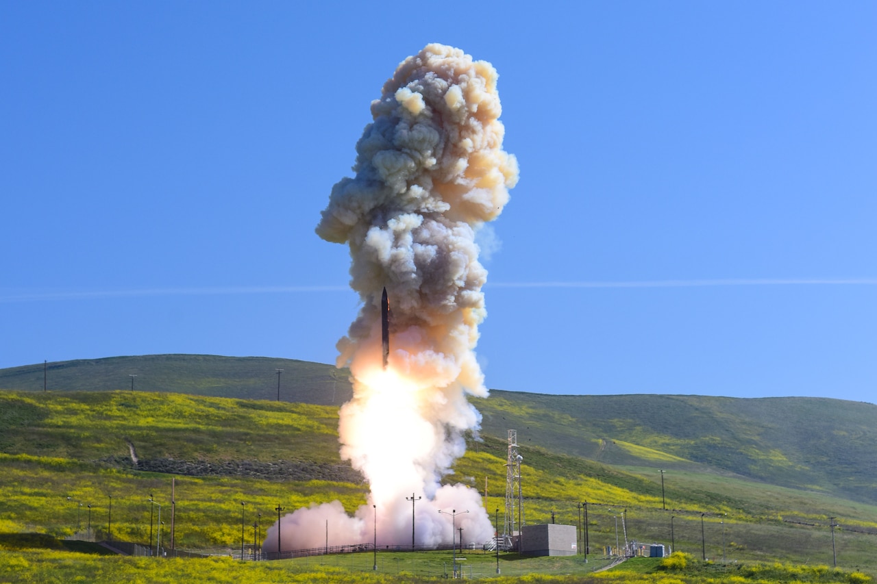 A rocket launches from the ground.