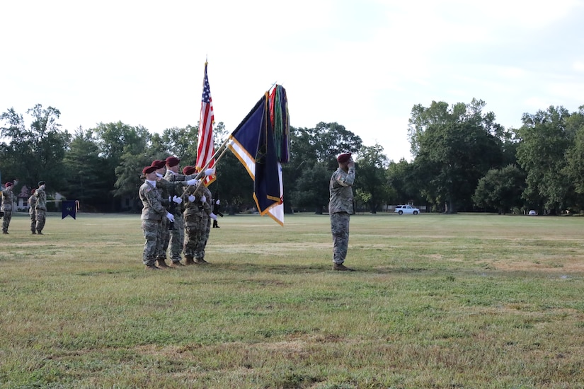 Commander of Troops, Col. Efrem Slaughter, U.S. Army Civil Affairs and Psychological Operations Command (Airborne) chief of staff, presents the command to the official party during the joint Change of Command, Change of Responsibility, and Retirement Ceremony held 13 August, 2022 on Fort Bragg, NC, main parade field. (U.S. Army Reserve photo by Pfc. Anthony Till)