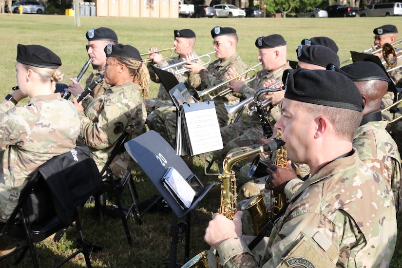 The 208th Army Band provided music and ceremonial cues to the festivities at the U.S. Army Civil Affairs and Psychological Operations Command (AIRBORNE) joint Change of Command, Change of Responsibility, Retirement Ceremony held at Ft. Bragg, NC., August 13, 2022. (U.S. Army Reserve photo by Pfc. Anthony Till)