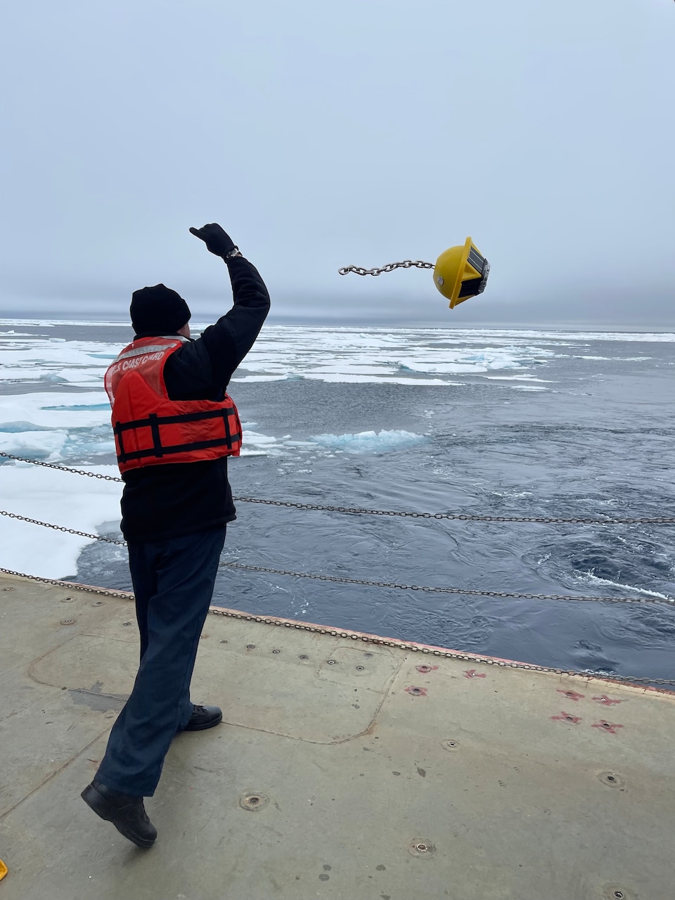 15AUG2022, SUITLAND, MD—U.S. Naval Meteorology and Oceanography (Naval Oceanography) representation from U.S. National Ice Center (USNIC) were part of personnel aboard the USCGC Healy (WAGB-20) to successfully deploy Sofar Ocean spotter-buoys during its patrol to the North Pole, this Summer. 

Currently, Chief Warrant Officer (CWO2) Mike Latin, Operations Officer at USNIC is deployed onboard the Healy—and will oversee execution of the buoys’ deployment. 

The first buoy was successfully deployed in early August, and the final buoy will deploy later in the month.