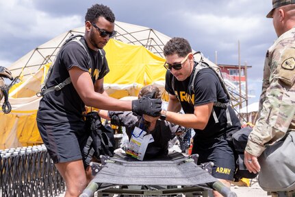 Utah National Guard service members with the Region VIII Homeland Response Force, utilizing volunteer actors from the local populace, conduct recovery and decontamination operations during a readiness evaluation exercise at Camp Williams, Utah, August 3-7, 2022.