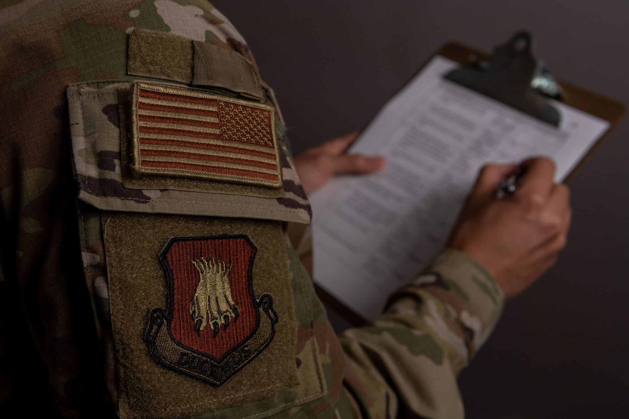 A 22nd Air Refueling Wing Airman fills out an inspection form Aug. 16, 2022, at McConnell Air Force Base, Kansas.