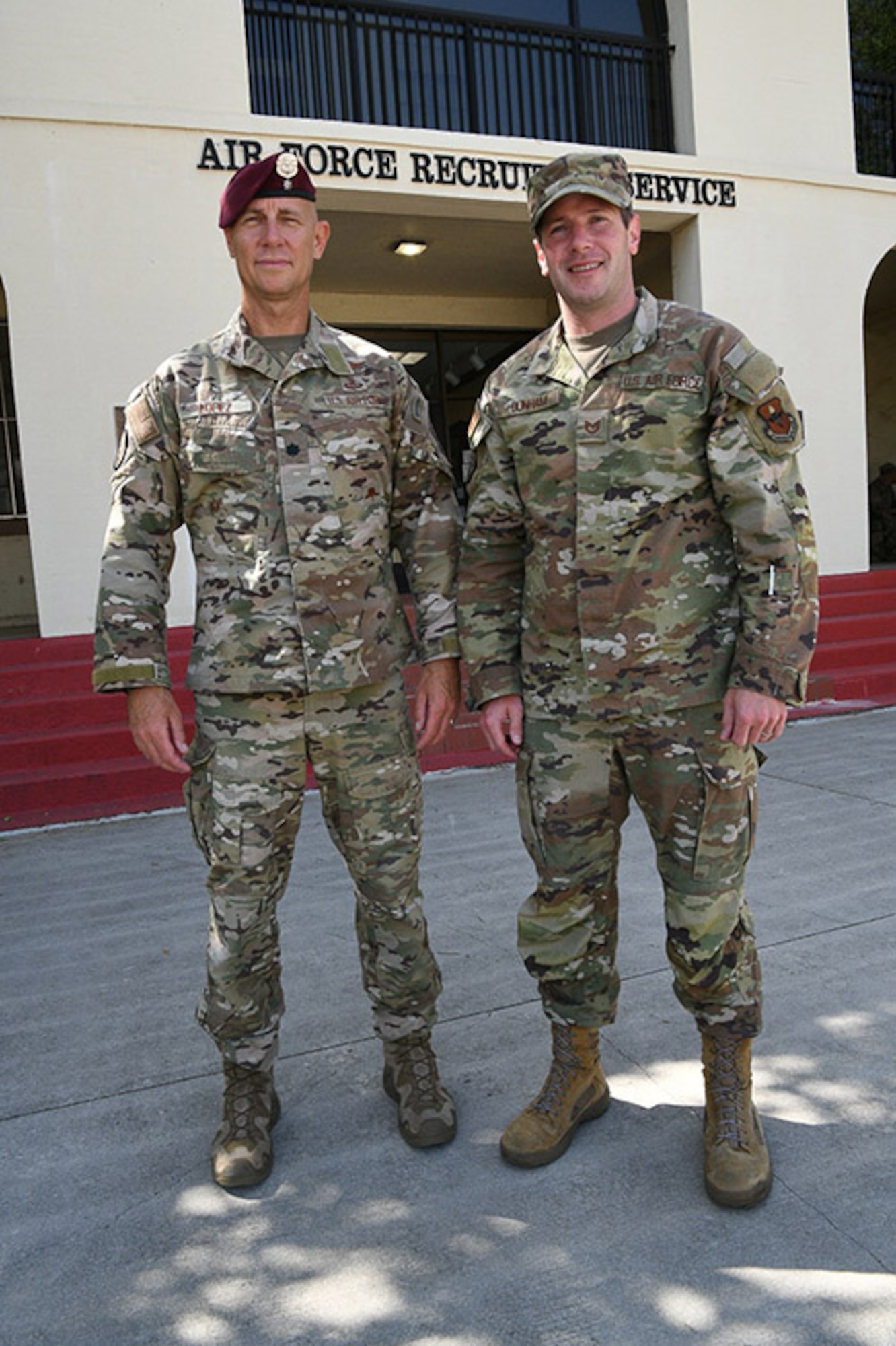 Lt. Col. Joseph Lopez and Tech. Sgt. Kevin Dunham, two of seven members of AFRS’s Recruiting Operations Special Warfare branch pose for a photo outside AFRS’s headquarters at Joint Base San Antonio-Randolph Aug. 4, 2022.
