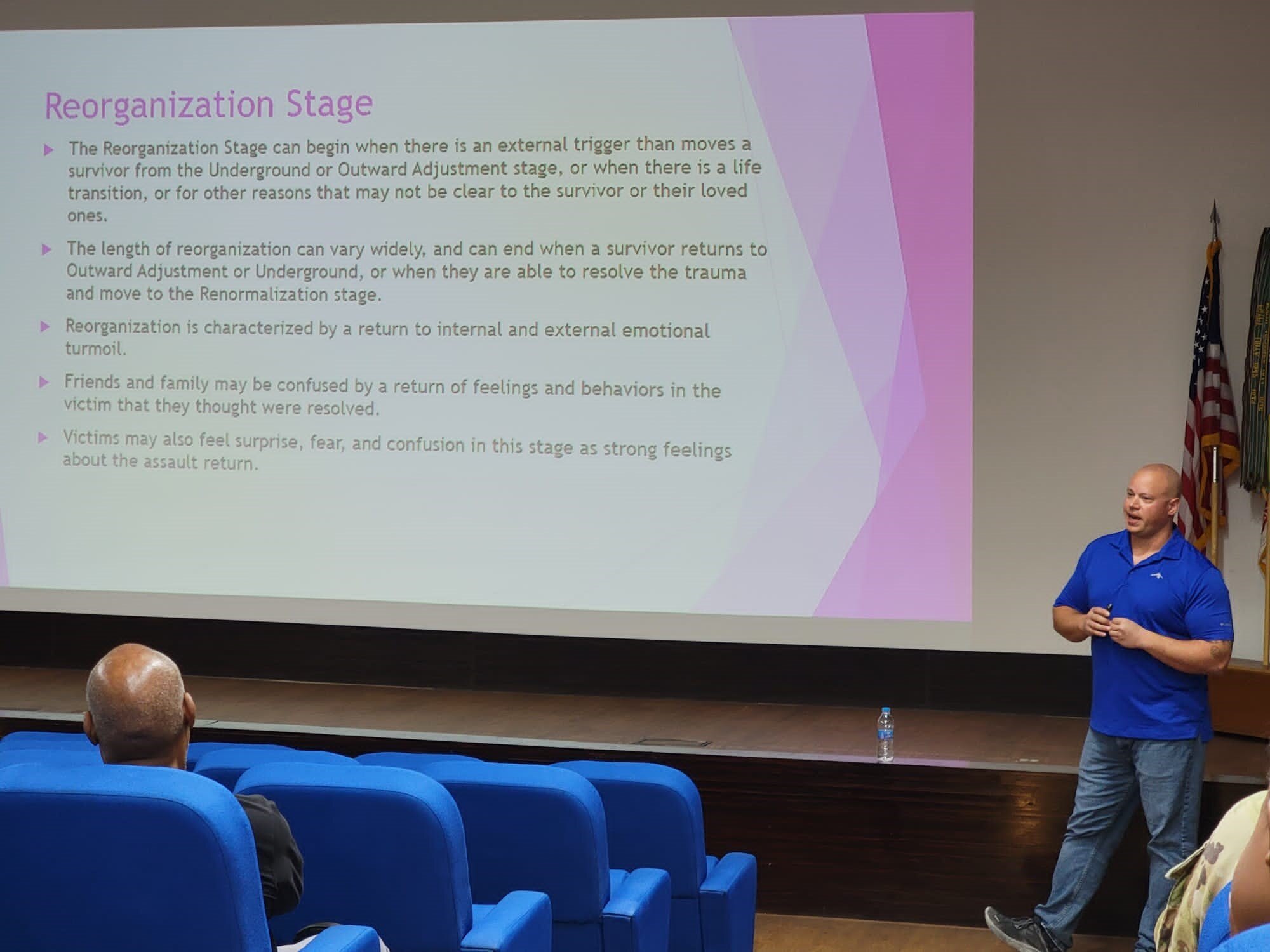 U.S. Air Force Staff Sgt. Kory Talbert briefs an audience of soldiers and airmen at the Department of Defense Men's Sexual Assault Prevention and Response Campaign at an undisclosed location, July 23, 2022. The DOD Men's SAPR campaign trained and educated attendees to help male survivors of sexual assault. (Courtesy Asset)