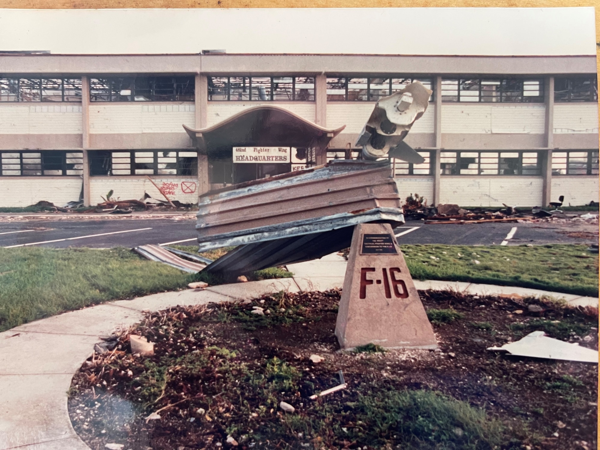 Picture of the 482nd Fighter Wing headquarters building after Hurricane Andrew struck.