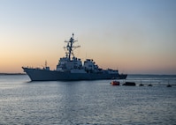 The Arleigh Burke-class guided-missile destroyer USS Bulkeley (DDG 84) pulls into port at Naval Station (NAVSTA) Rota, Spain after completing a homeport shift, Aug. 17, 2022.