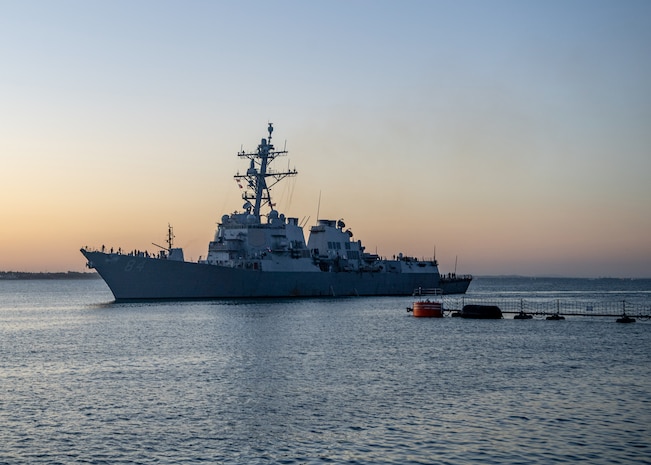 The Arleigh Burke-class guided-missile destroyer USS Bulkeley (DDG 84) pulls into port at Naval Station (NAVSTA) Rota, Spain after completing a homeport shift, Aug. 17, 2022.