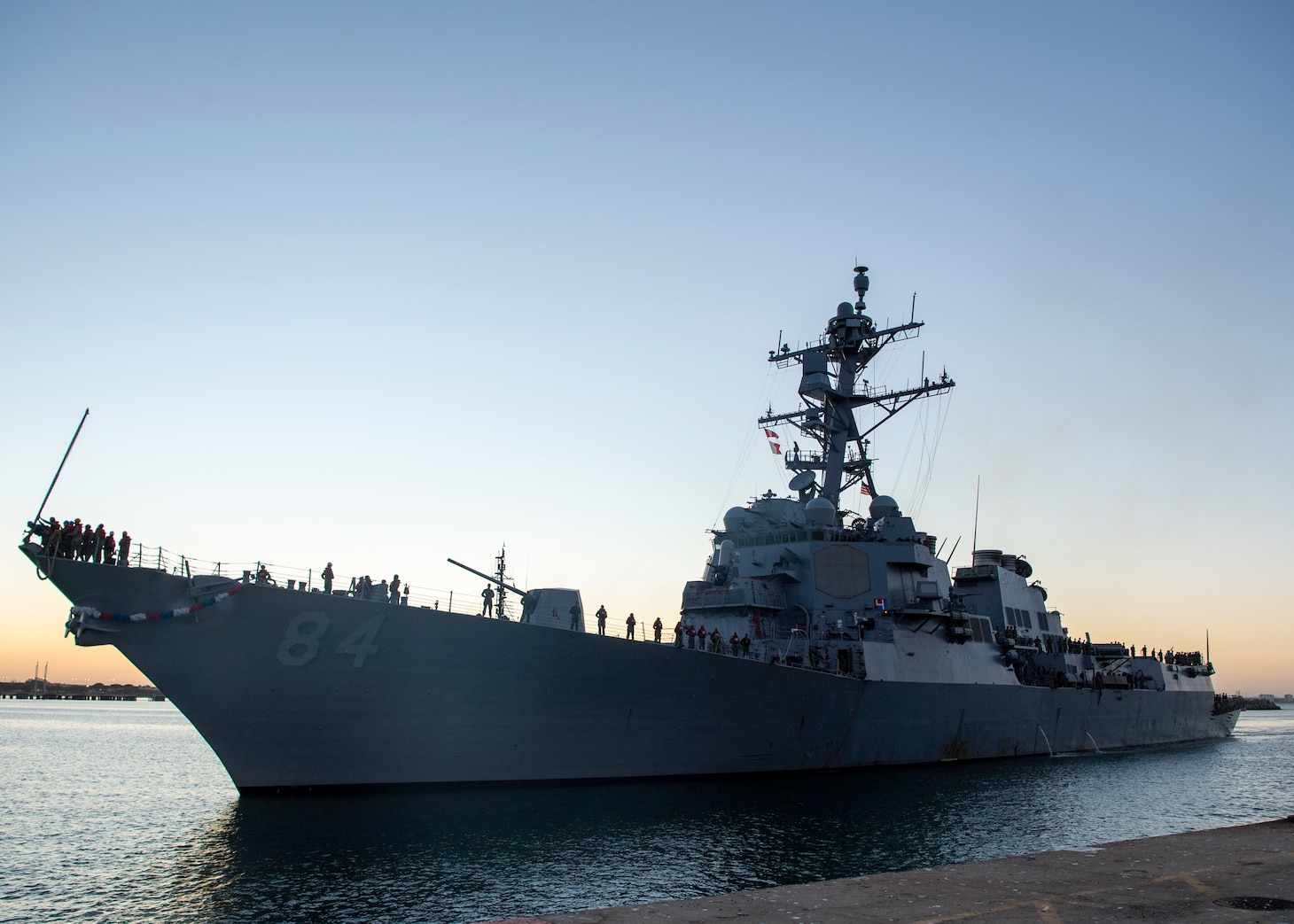 The Arleigh Burke-class guided-missile destroyer USS Bulkeley (DDG 84) pulls into port at Naval Station (NAVSTA) Rota, Spain after completing a homeport shift, Aug. 17, 2022.
