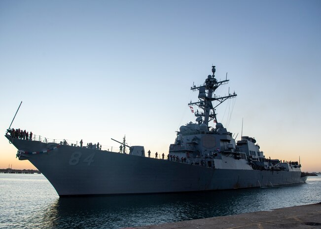 The Arleigh Burke-class guided-missile destroyer USS Bulkeley (DDG 84) pulls into port at Naval Station (NAVSTA) Rota, Spain after completing a homeport shift, Aug. 17, 2022.