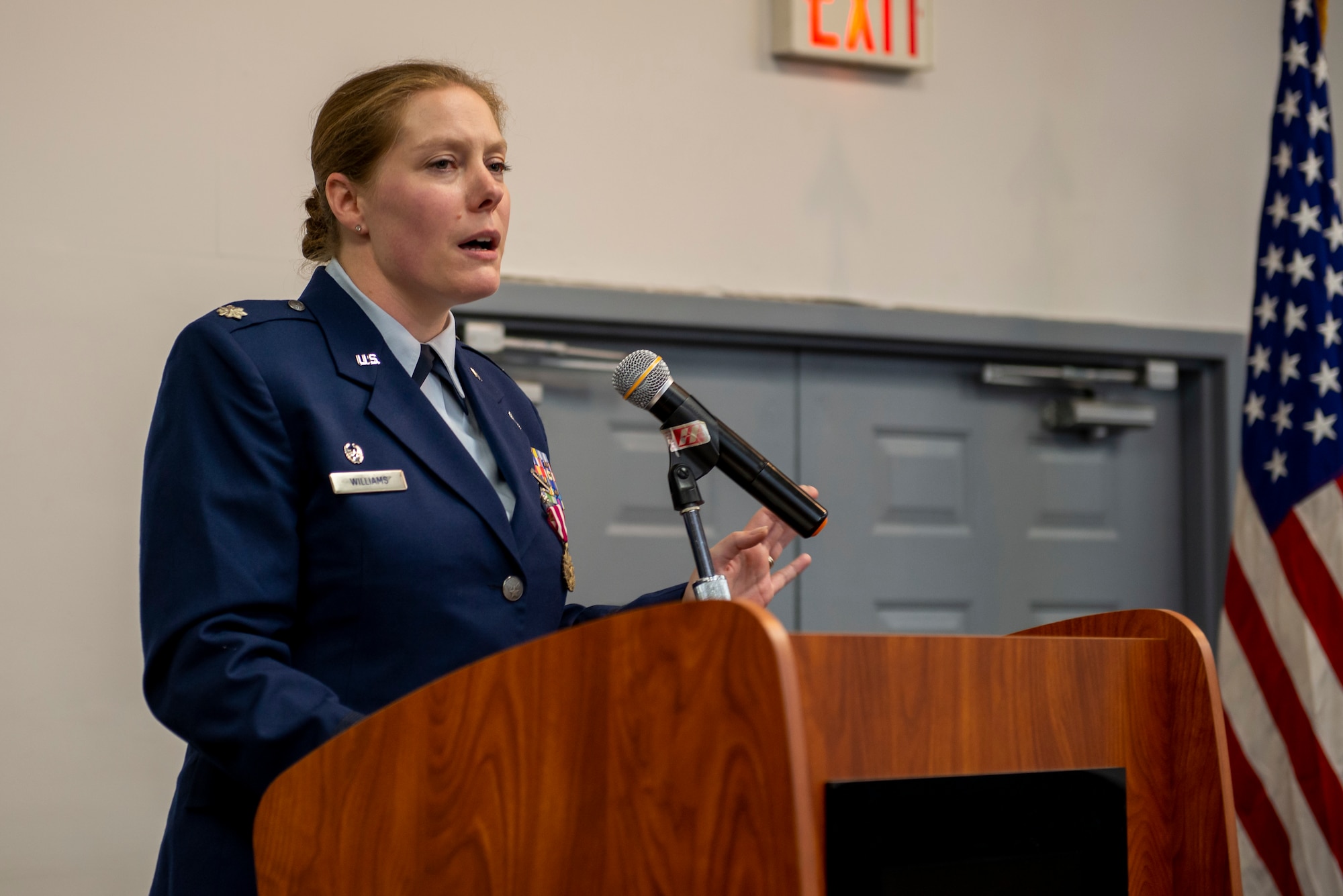 Lt. Col. Victoria Williams, outbound commander of the Integrated Command, Control, Computers, Communications, Intelligence, Surveillance, and Reconnaissance Analysis Squadron, gives remarks during the squadron’s change of command ceremony Aug. 4, 2022, in Dayton, Ohio. The C4ISR squadron produces predictive all-source intelligence for the operational, acquisition, and policy-making communities on the integrated C4ISR capabilities of foreign air, air defense, ballistic missiles, space and counterspace forces.