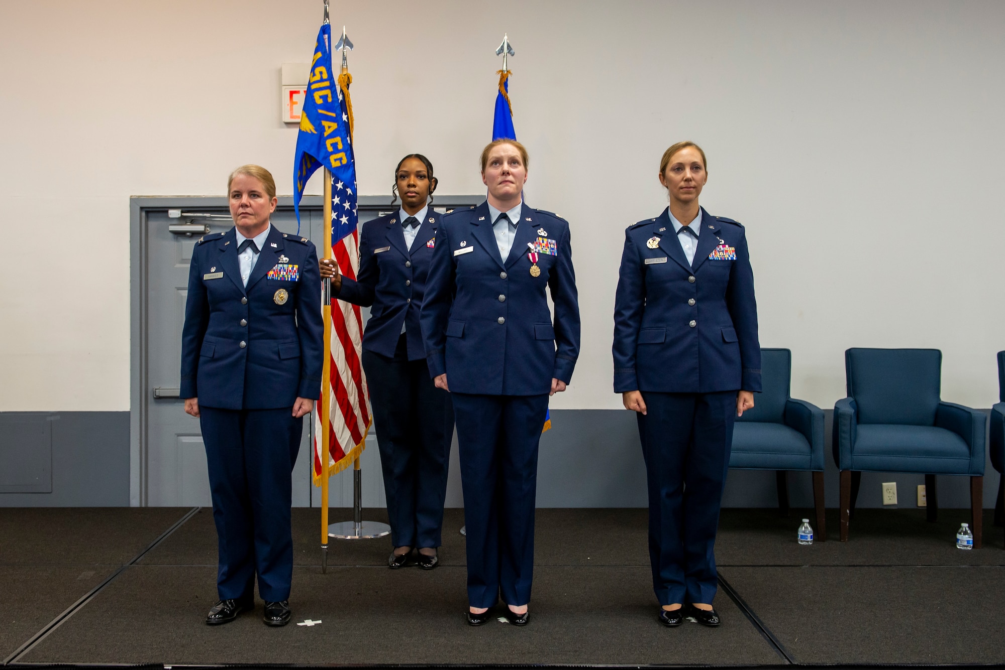 Leaders from the Air and Cyberspace Intelligence Group prepare to execute a change of command ceremony for the Integrated Command, Control, Computers, Communications, Intelligence, Surveillance, and Reconnaissance Analysis Squadron, Aug. 4, 2022, in Dayton, Ohio. The C4ISR squadron produces predictive all-source intelligence for the operational, acquisition, and policy-making communities on the integrated C4ISR capabilities of foreign air, air defense, ballistic missiles, space and counterspace forces.