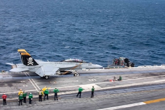An F/A-18F Super Hornet launches from USS George H. W. Bush (CVN 77) during flight operations in the Atlantic Ocean.