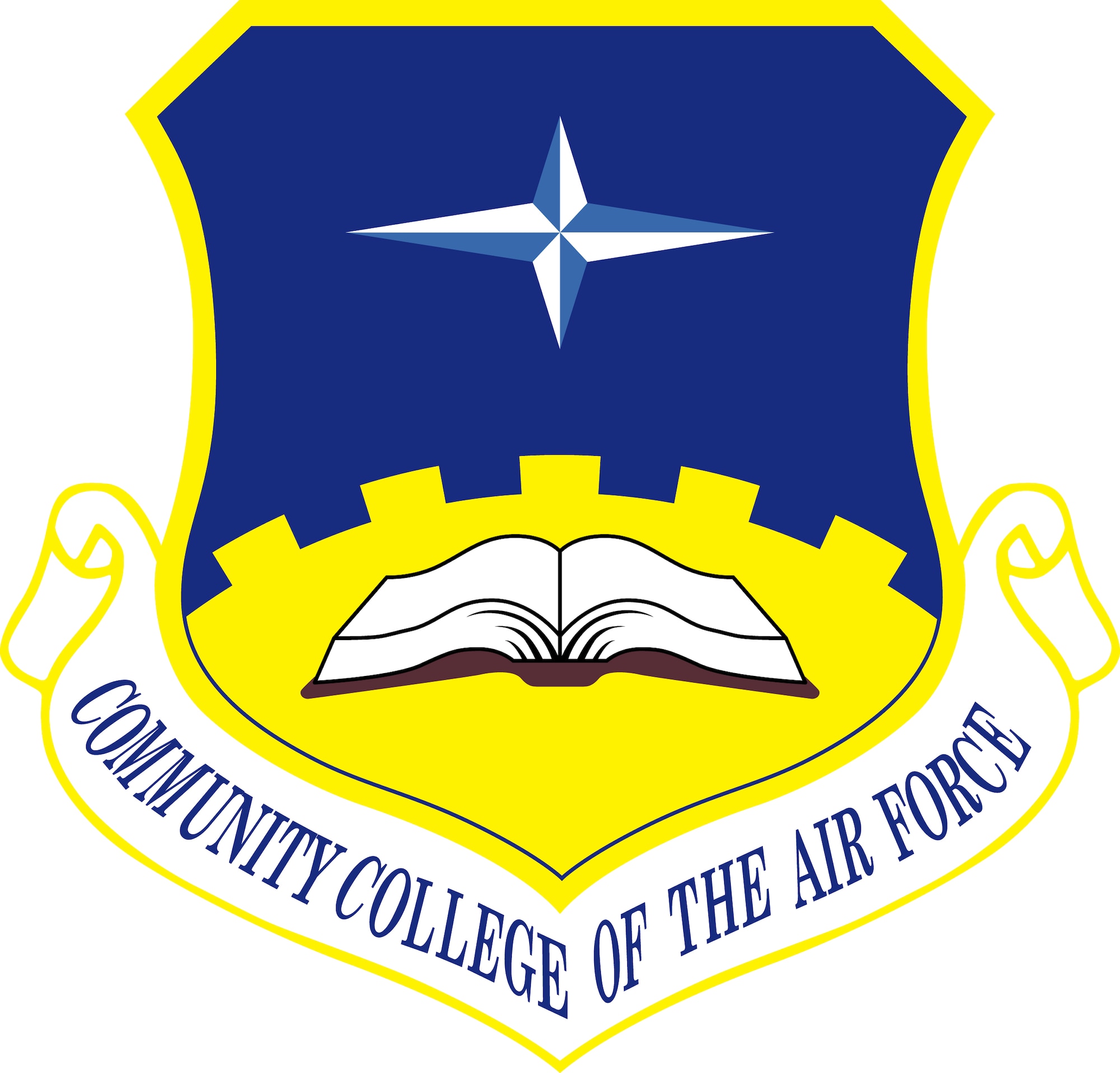 Community College of the Air Force Shield (Color). Image provided by the Air Force Historical Research Agency. In accordance with Chapter 3 of AFI 84-105, commercial reproduction of this emblem is NOT permitted without the permission of the proponent organizational/unit commander. Image is 8x8 inches @ 300 ppi.