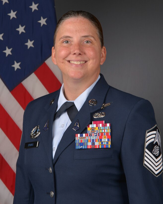 U.S. Space Force Chief Master Sgt. Susan Sparks, Senior Enlisted Leader, Space Launch Delta 45, poses for a photo, Aug. 5, 2022, Patrick Space Force Base, Fla.