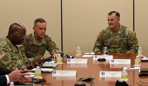 Gen. Charles A. Flynn, right, commander of U.S. Army Pacific, visits with Lt. Gen. Daniel L. Karbler, commanding general of U.S. Army Space and Missile Defense Command, at SMDC’s headquarters on Redstone Arsenal, Alabama, July 22. During his visit, Karbler showed Flynn how USASMDC is the Army’s force modernization proponent and operational integrator for global space, missile defense and high altitude capabilities while also providing trained and ready space and missile defense forces and capabilities to the warfighter and nation. (U.S. Army photo by Jason B. Cutshaw)