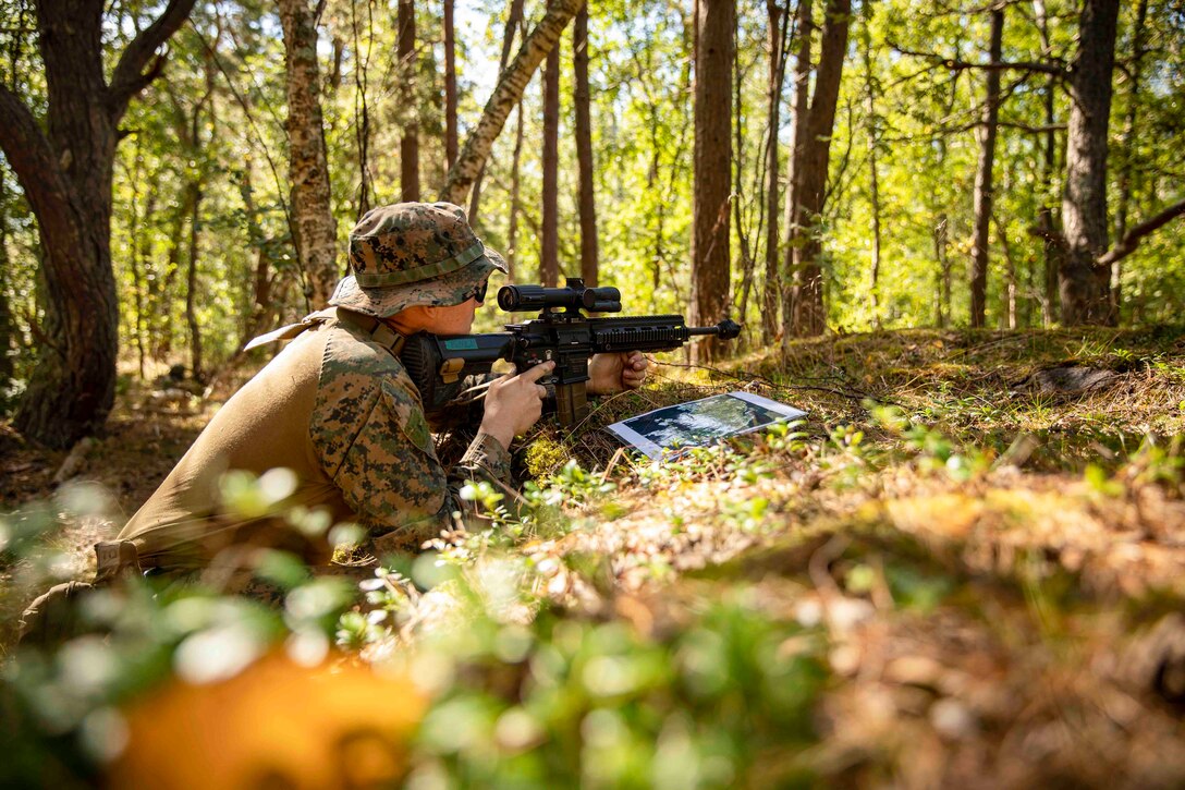 A Marine looks through the scope of a weapon in a wooded area.