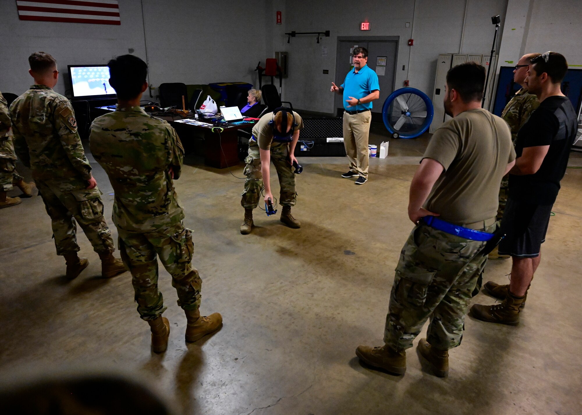 An Airman tests a virtual reality headset.