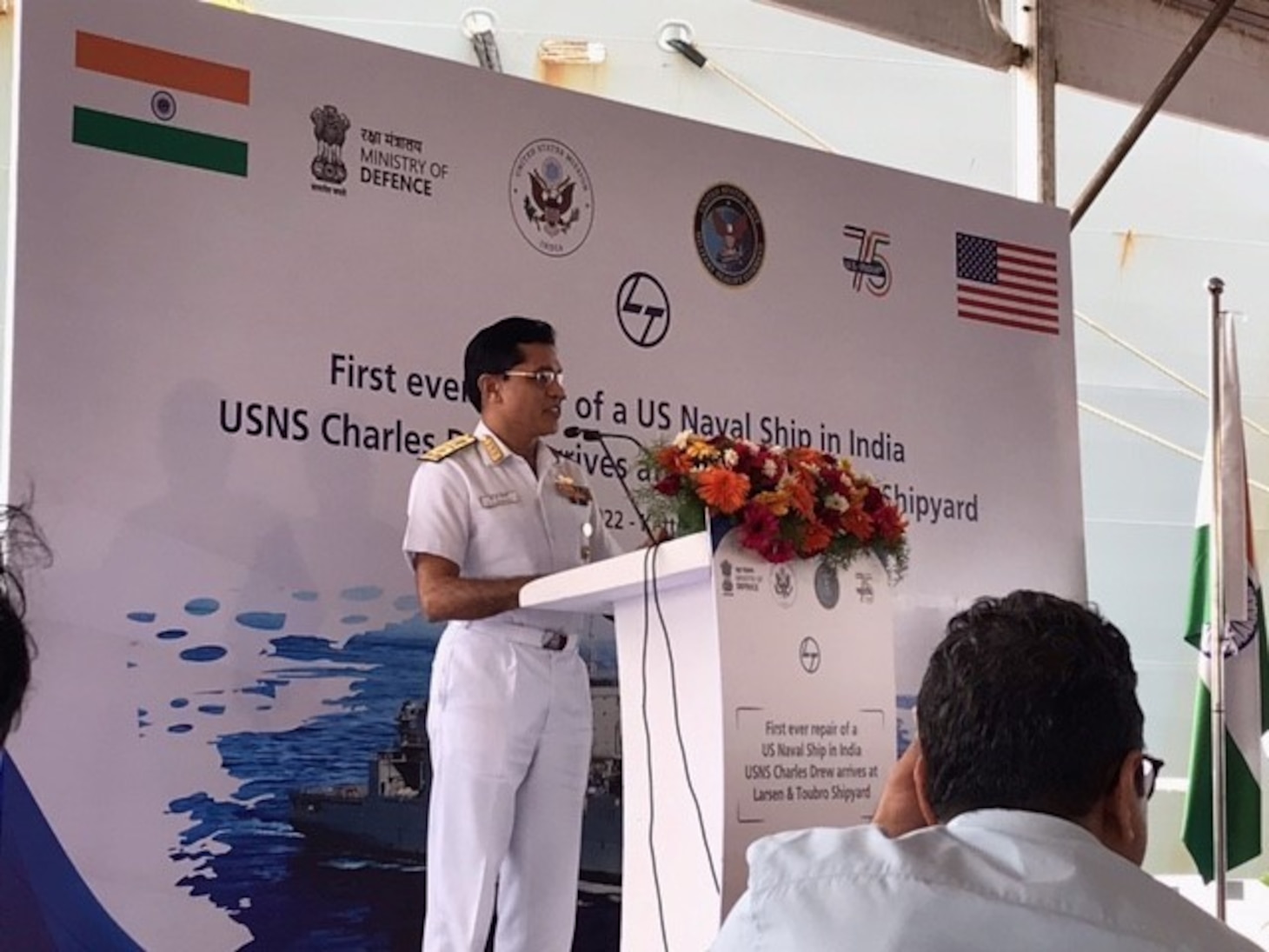 CHENNAI, INDIA (Aug. 7, 2022) – India’s Vice Chief of Naval Staff Vice Adm. S.N. Ghormade welcomes the Lewis and Clark-class dry cargo ship USNS Charles Drew (T-AKE 10) to L&T Shipyard in Kattupalli, near Chennai, India, Aug. 7, 2022 where the ship will conduct scheduled maintenance.  As part of Military Sealift Command’s Combat Logistics Force (CLF), Charles Drew enables U.S. Navy ships to remain at sea and combat ready for extended periods of time.  In addition, CLF ships, like Charles Drew, also resupply international partners and allies operating in the Indo-Pacific Region.  Under Commander, U.S. Pacific Fleet, 7th Fleet is the U.S. Navy's largest forward-deployed numbered fleet and routinely interacts and operates with 35 maritime nations in preserving a free and open Indo-Pacific Region. (Photo by Joel Garcia)