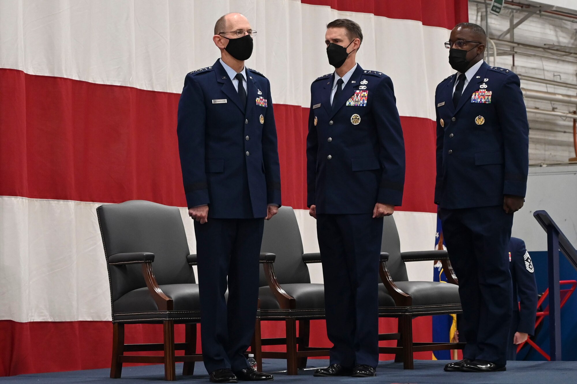 220815-F-JC105-1021
Gen. Duke Z. Richardson, commander, Air Force Materiel Command, Lt. Gen Tom D. Miller, outgoing commander, Air Force Sustainment Center, and Lt. Gen. Stacey T. Hawkins, incoming commander, Air Force Sustainment Center stand at attention as the change of command ceremony gets underway at Tinker Air Force Base, Oklahoma, Aug. 15, 2022