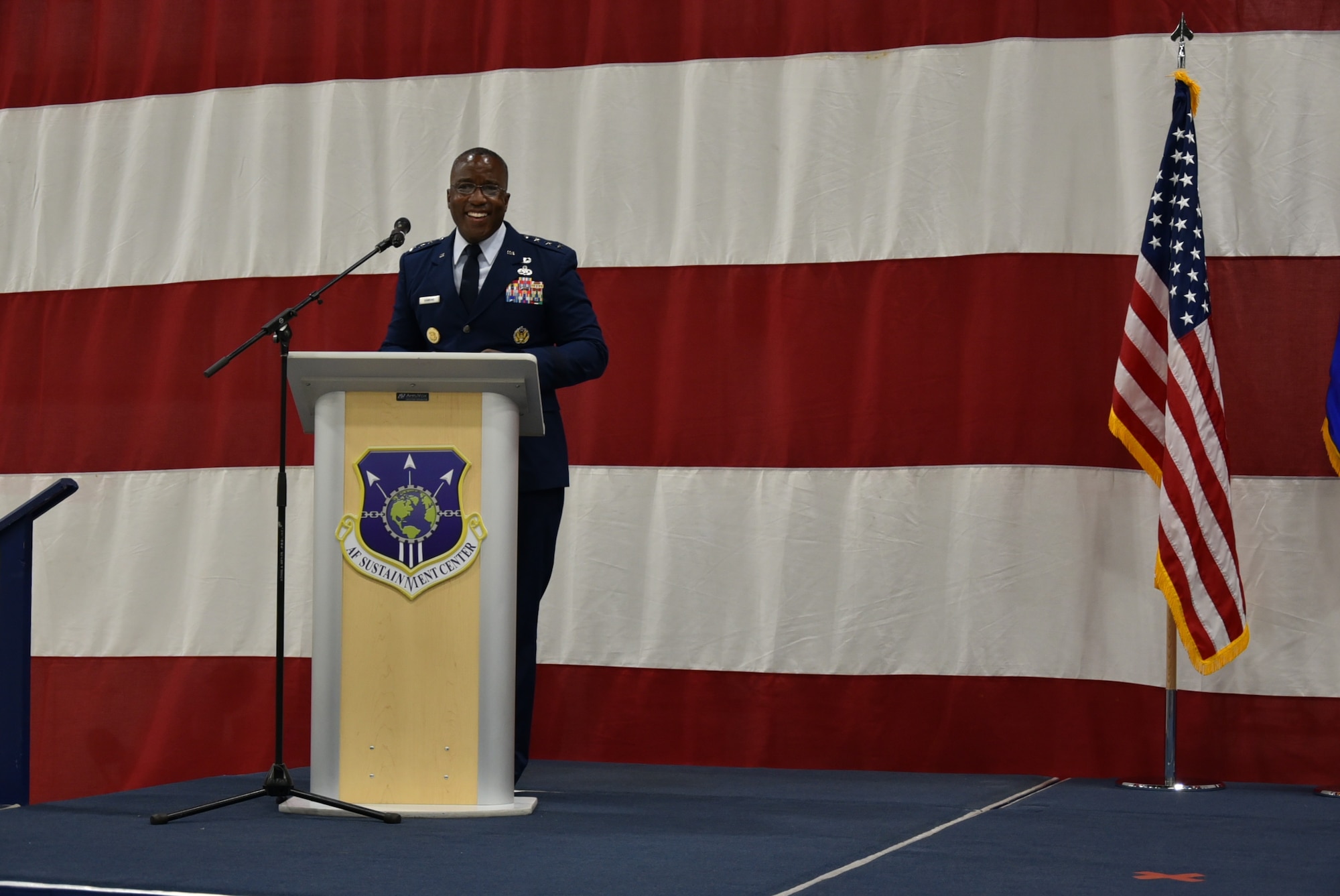 220815-F-UR719-4044
Lt. Gen. Stacey T. Hawkins addresses the crowd after taking command of the Air Force Sustainment Center during a change of command ceremony at Tinker Air Force Base, Oklahoma, Aug. 15, 2022.