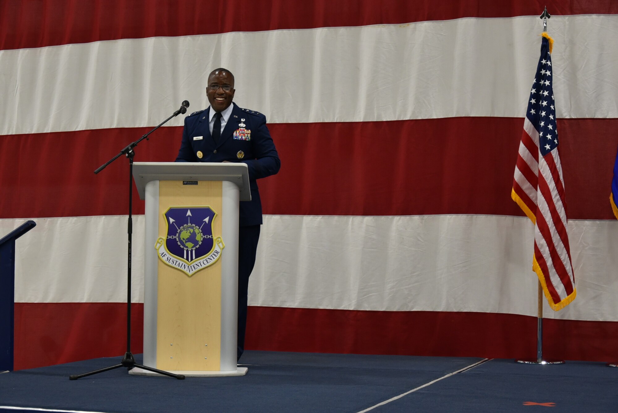 220815-F-UR719-4044
Lt. Gen. Stacey T. Hawkins addresses the crowd after taking command of the Air Force Sustainment Center during a change of command ceremony at Tinker Air Force Base, Oklahoma, Aug. 15, 2022.