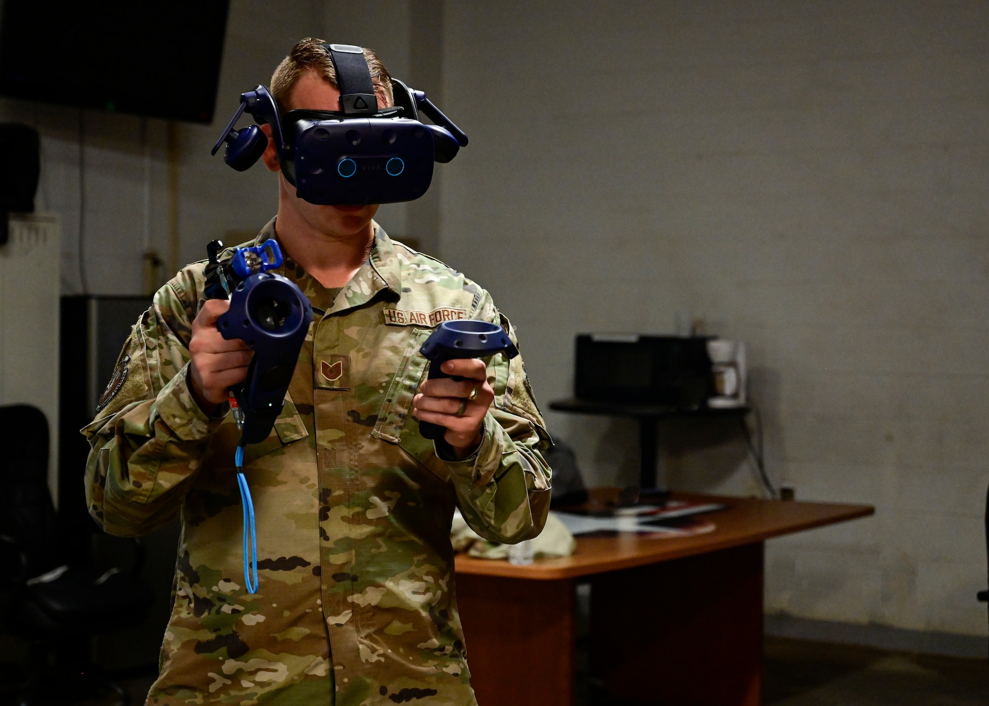 An Airman tests a virtual reality headset.